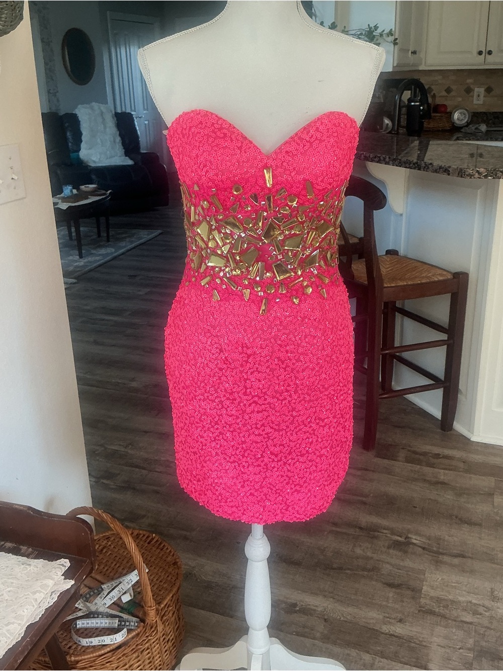 Mac Duggal Neon Pink Sequin Mini Dress Cocktail Dress Strapless Gold Beads